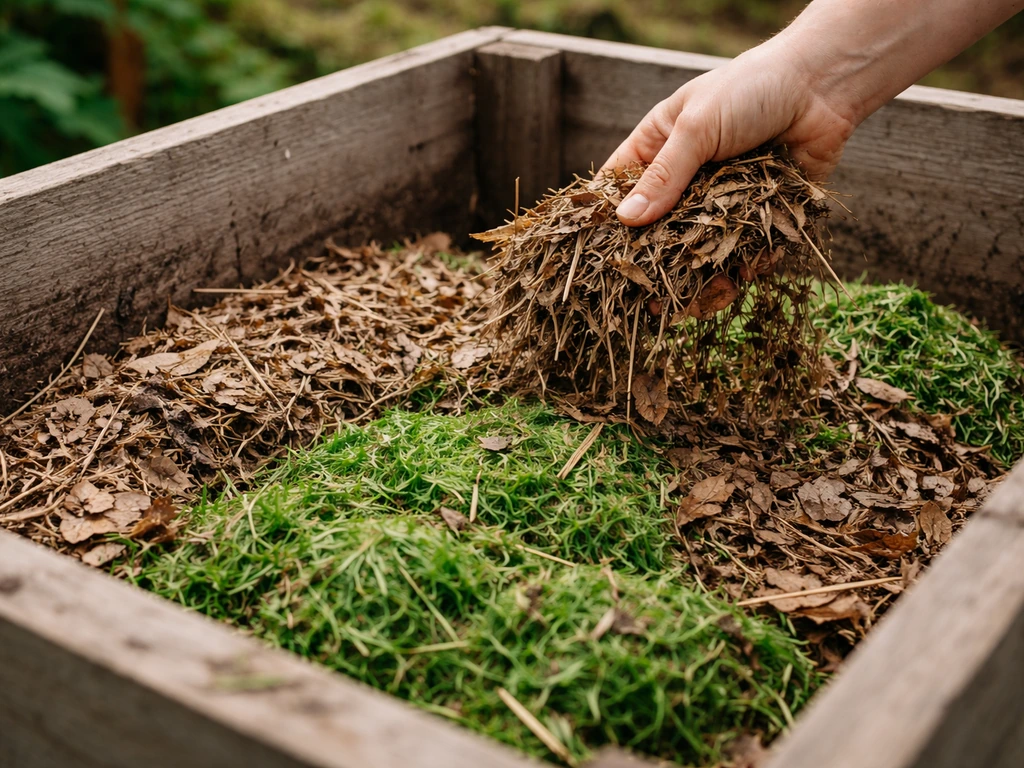 Close-up van grasmaaisel dat met droog bruin bladmateriaal in een compostbak wordt gemengd