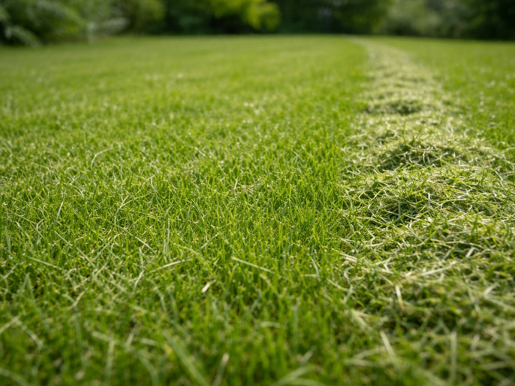 Close-up van gemulcht gras met fijne snippers die tussen grassprieten verdwijnen, met een dikkere laag als contrast.