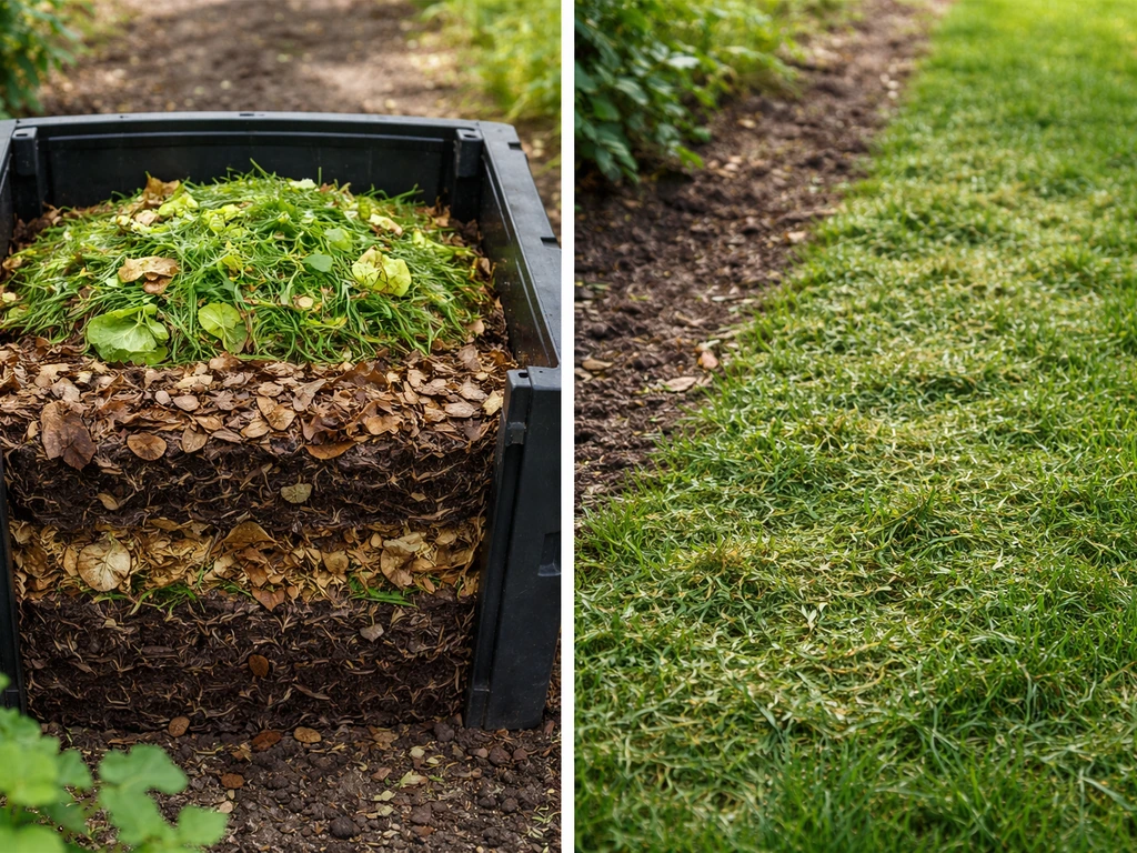 Links een compostbak met lagen, rechts een gemulchde gazonstrook met fijn maaisel.