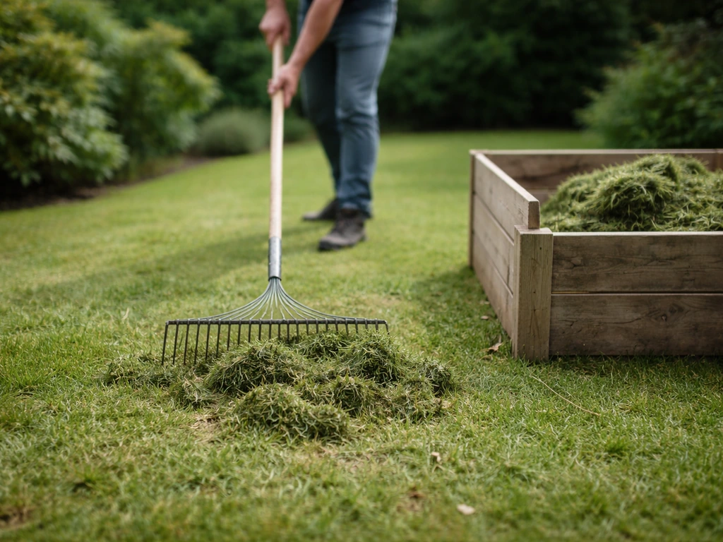 Iemand harkt klonten maaisel los op het gazon en voert ze af naar de compostbak.