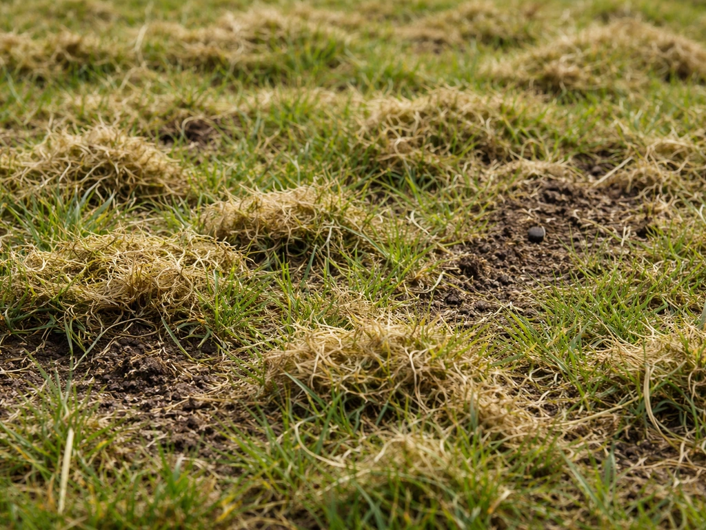 Close-up van een gazon direct na verticuteren: losgetrokken vilt/mos en blootliggende grond tussen graspolletjes.