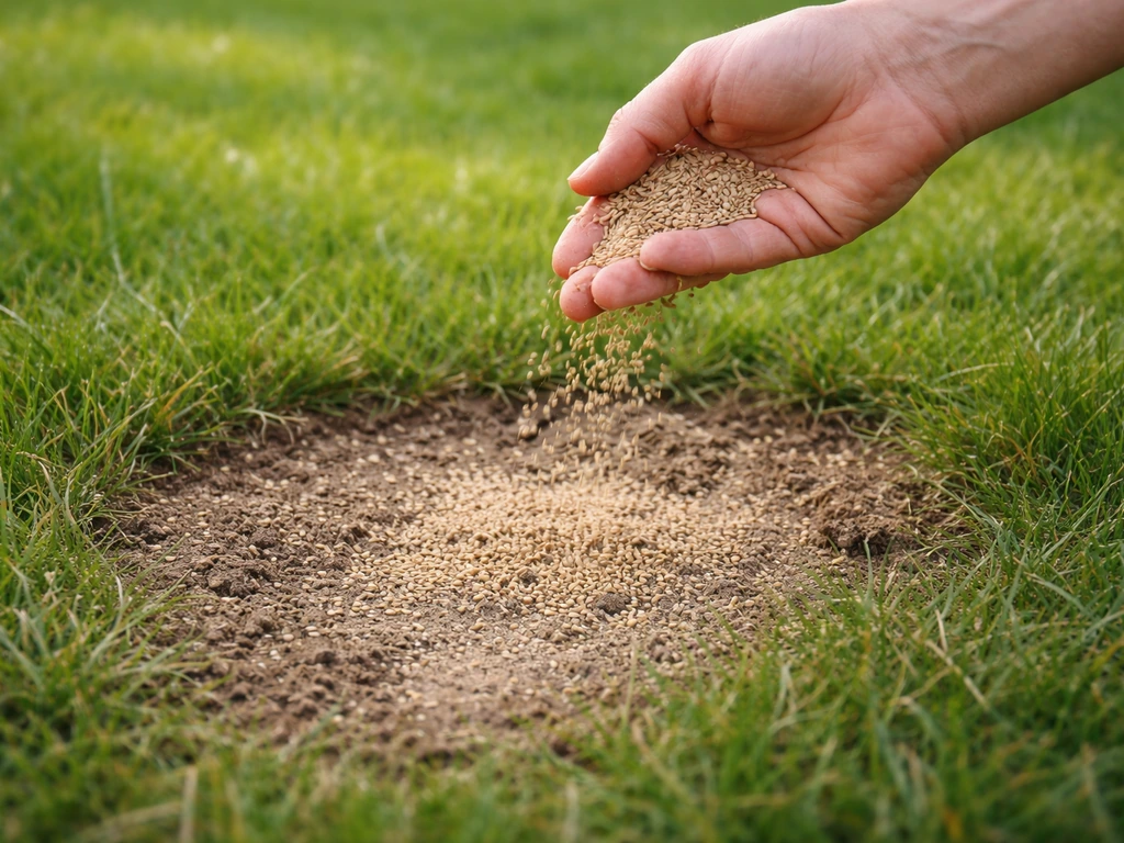 Hand strooit graszaad in kale plek van het gazon; daarna lichte topdressing/afdeklaag zichtbaar.