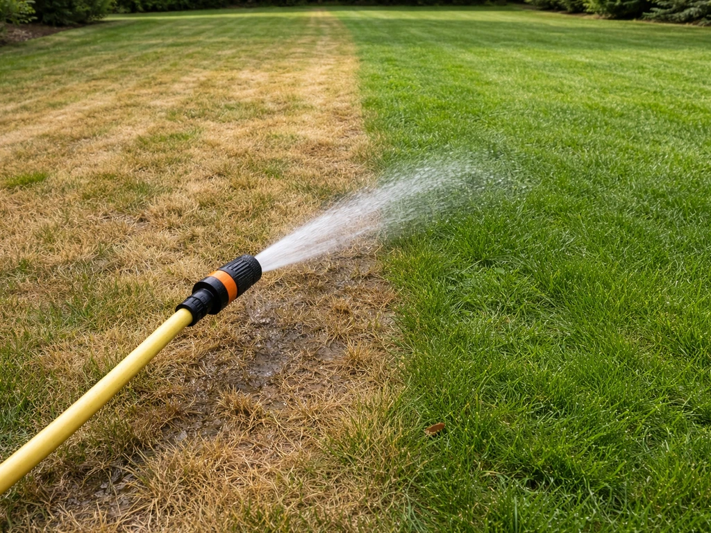 Grasperk met gele en bruine plekken naast een natgemaakte zone, als waarschuwing tegen droog strooien