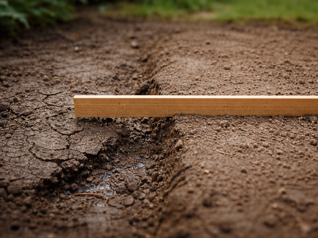 Close-up van gezakte tuinbodem tegenover intacte grond, met meetlat voor het hoogteverschil