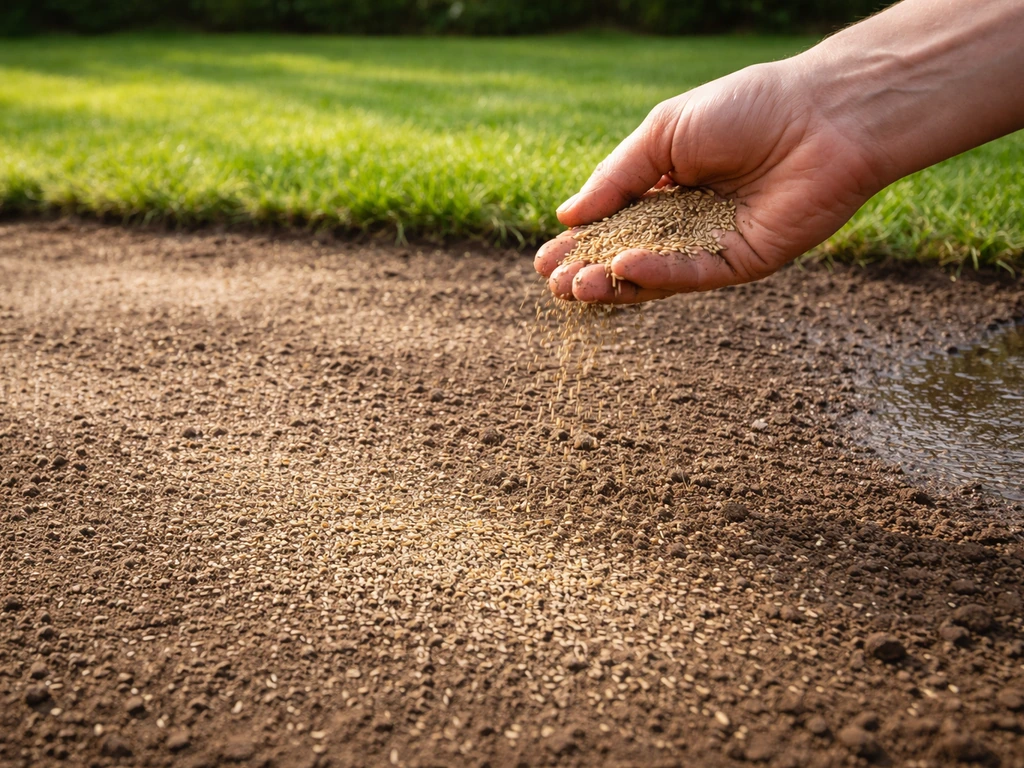 Hand strooit graszaad op kale plek in net geëgaliseerd gazon, klaar om licht afgedekt en bewaterd te worden.