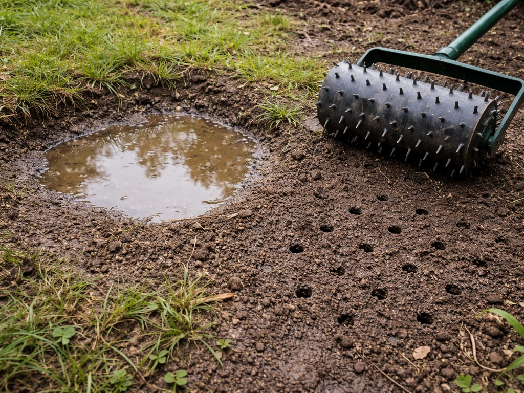 Plasje in een uitgeholde tuin met daarnaast een prikrol/beluchtingssporen om drainage te verbeteren.