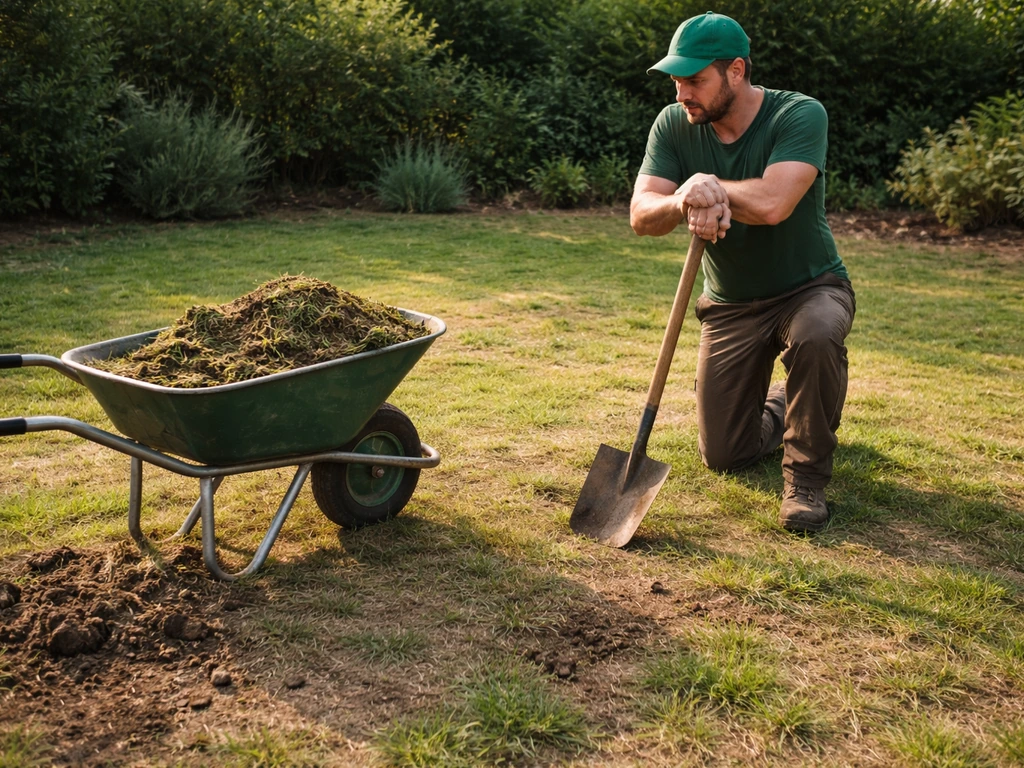 Tuinier beoordeelt een oude grasmat in de tuin met schop en kruiwagen, focus op de huidige staat van het gazon.