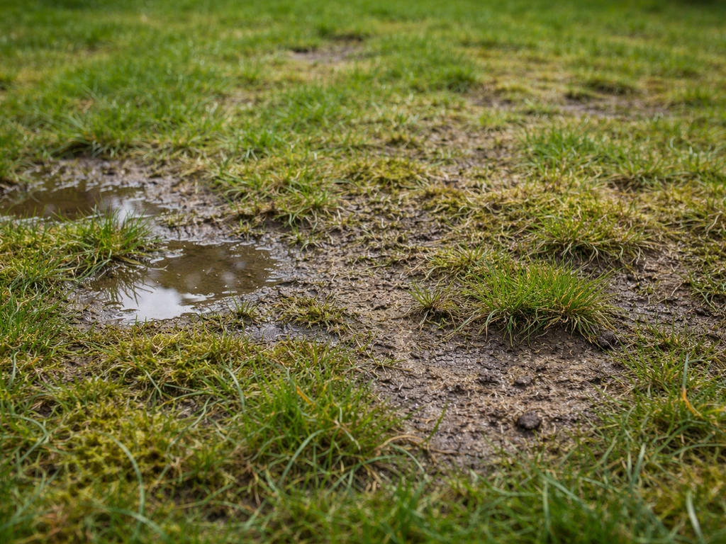 Close-up van een onkruid- en mosrijke grasmat met zichtbare viltlaag en plekken waar water blijft staan