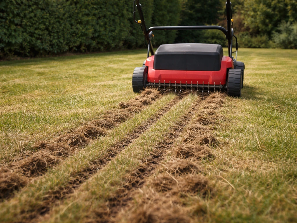 Verticuteermachine maakt viltlaag los en trekt zaaigroeven in een gazon in een Nederlandse tuin.
