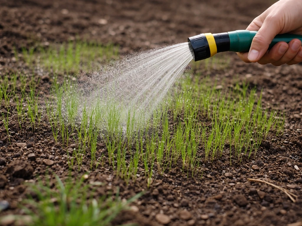Nieuwe grashalmen die na het zaaien opkomen, licht sproeien op een gerepareerde strook gras