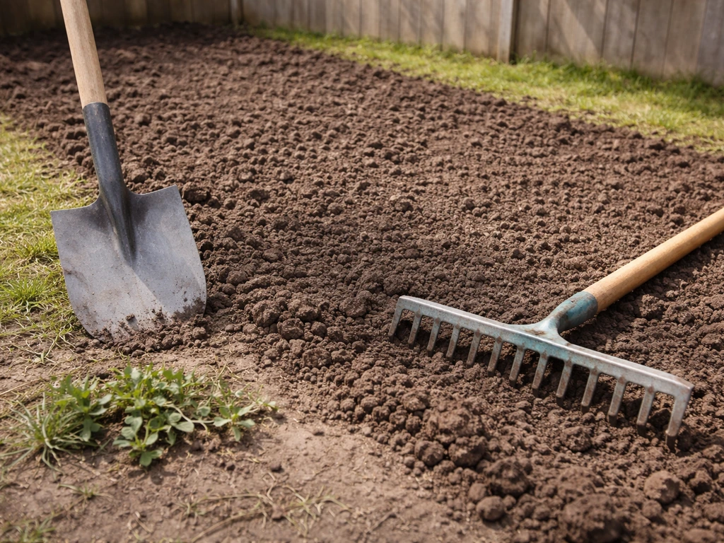 Voorbereide grasstrook met spade en tuinhark en zichtbaar verwijderde onkruidresten op losse, geëffende aarde.