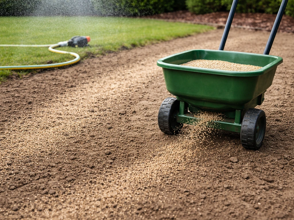 Graszaad wordt met een strooier uitgezaaid op kale grond, met water geven via tuinslang/sproeier ernaast.