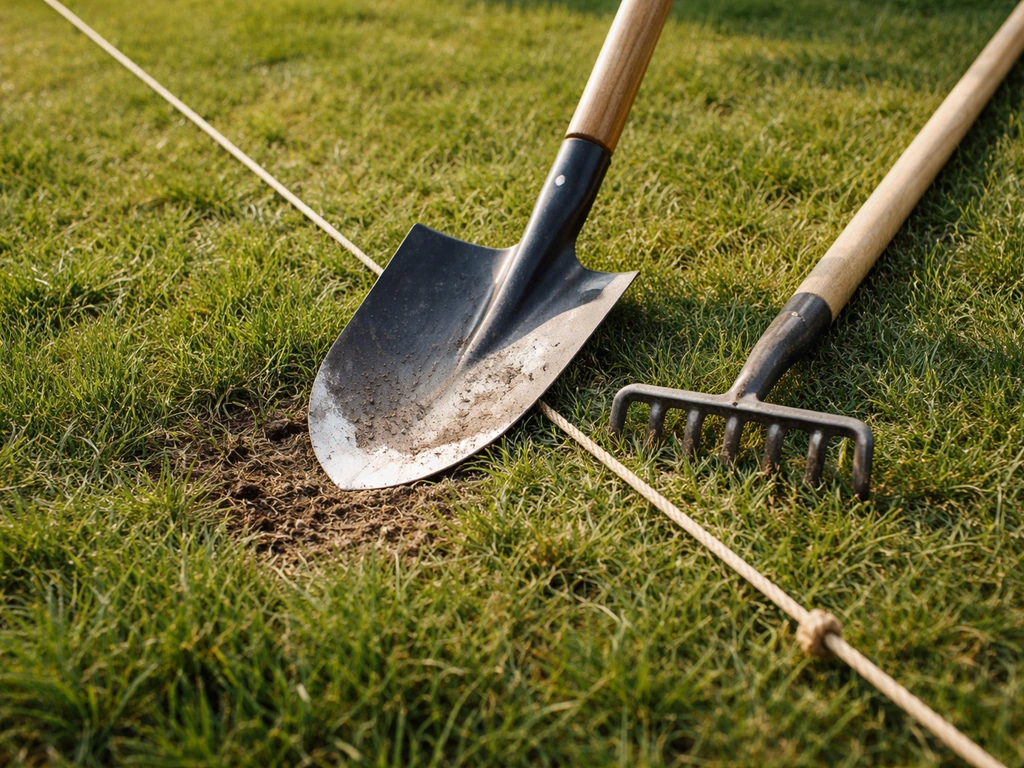 Tuingereedschap voor gras uitgraven naast een uitgezette touwlijn op een gazon