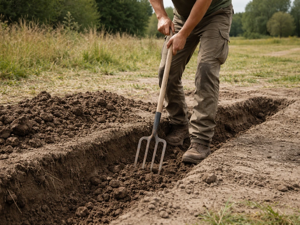 Grondwerker maakt verdichte ondergrond los met een spitfork in pas uitgegraven grond, bij natuurlijk licht.