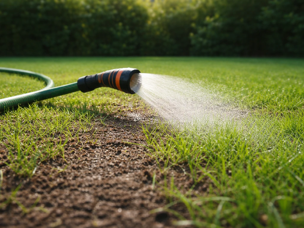 Tuinslang besproeit nieuw ingezaaid gras; de bodem is licht vochtig, geen plassen, rustige tuinachtergrond.