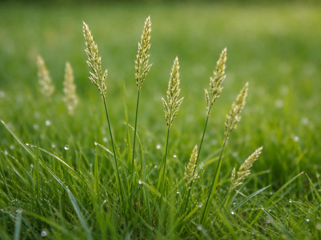 Close-up van gazongras met opkomende zaadpluimen in bloei tussen het gras