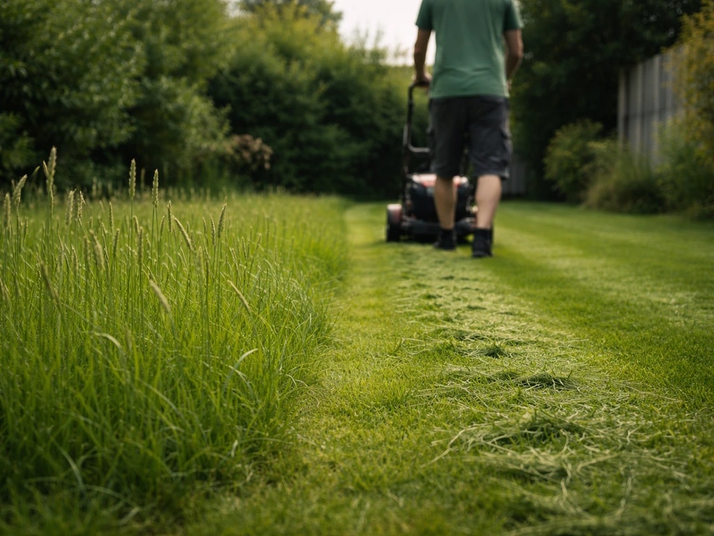 Tuinier maait een gazon met zichtbare pluimen/zaadaren; vers maaisel ligt op het gras.