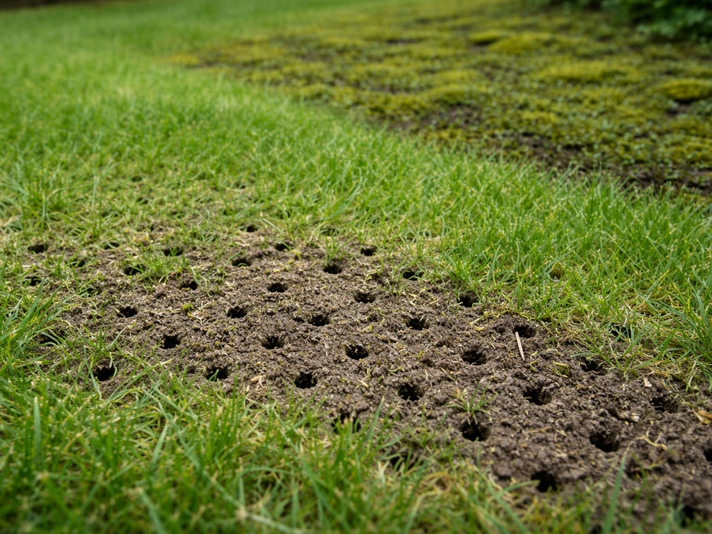 Beluchte grasmat met zichtbare prikgaatjes in de bodem, mos en verdichting op de achtergrond