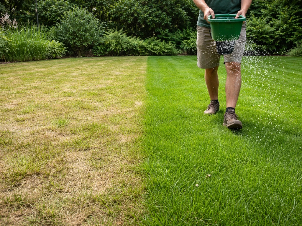 Iemand strooit gazonmest over een bleek, dun gazon; direct ernaast oogt het gras groener en voller.