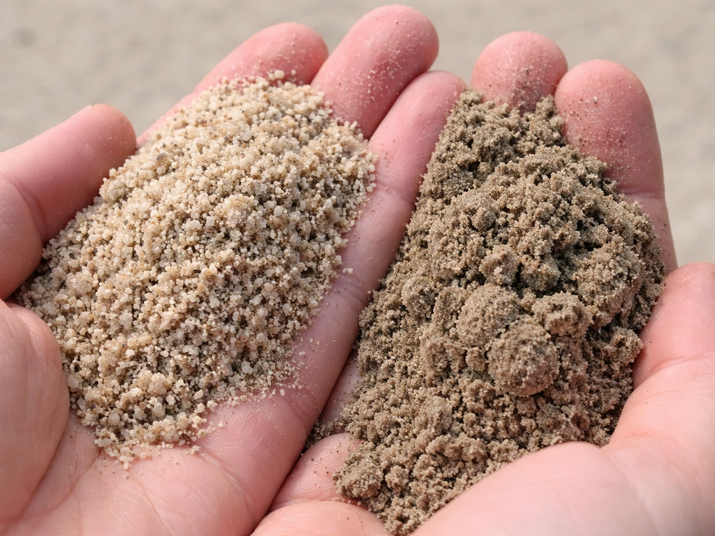 Close-up van gewassen gazonzand dat los valt tegenover niet-geschikt zand met klontjes.