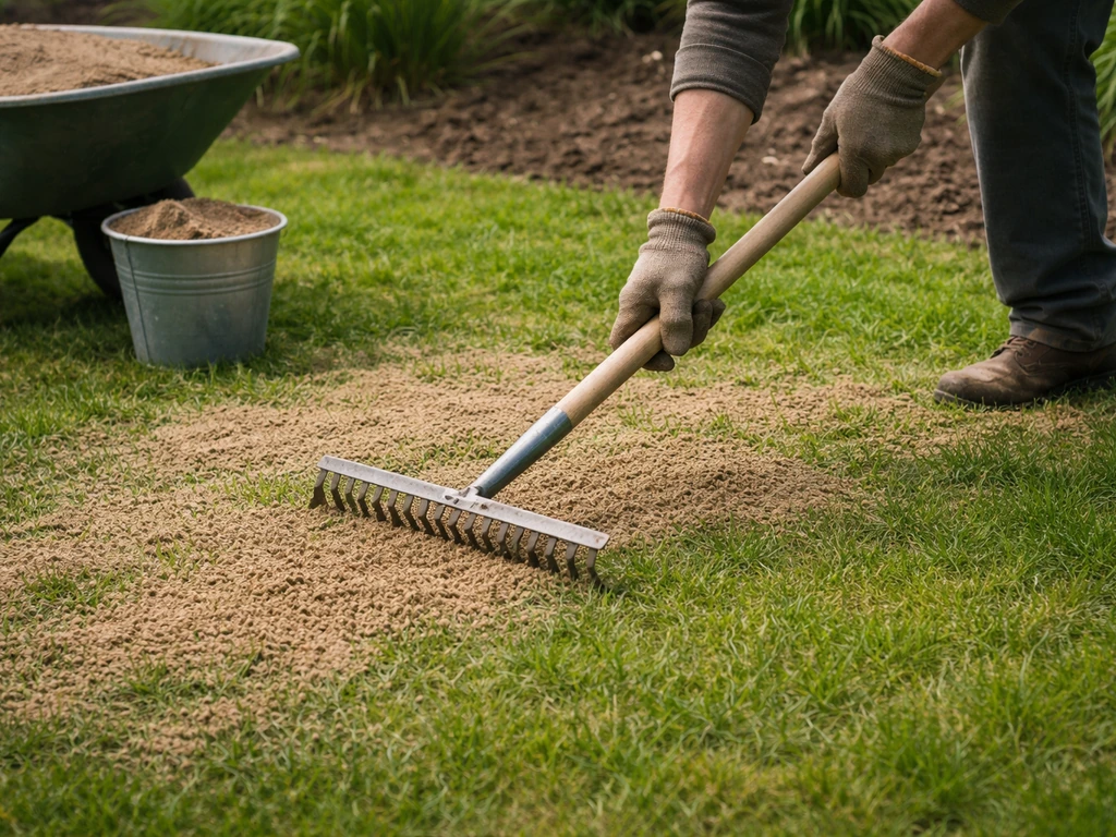 Tuinier werkt aan bezanden: zand in kleine porties over een gazon, grasprieten blijven zichtbaar.