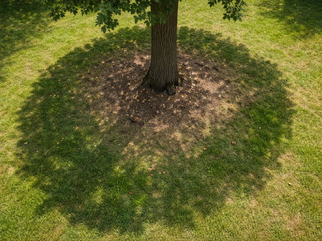 Bovenaanzicht van gras onder een boom: dun en kaal bij de stam, met schaduwrand en herstelkans.