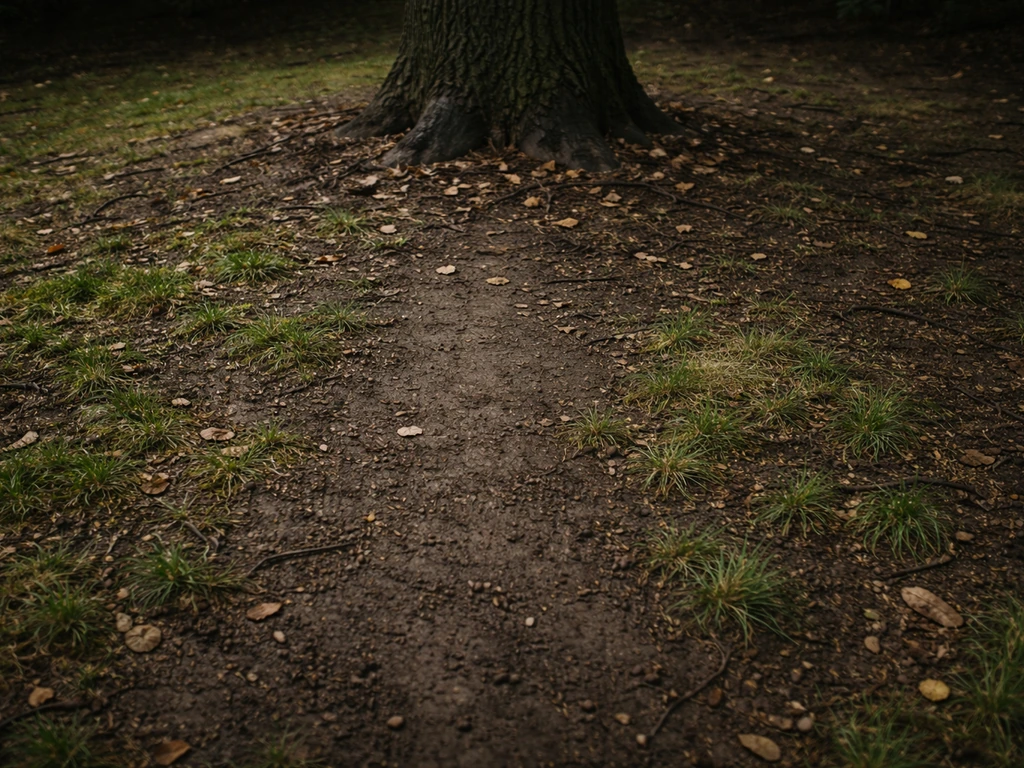 Donkere, vochtige grond met schaarse graspolletjes onder een boomkruin in het park bij schemerig licht.