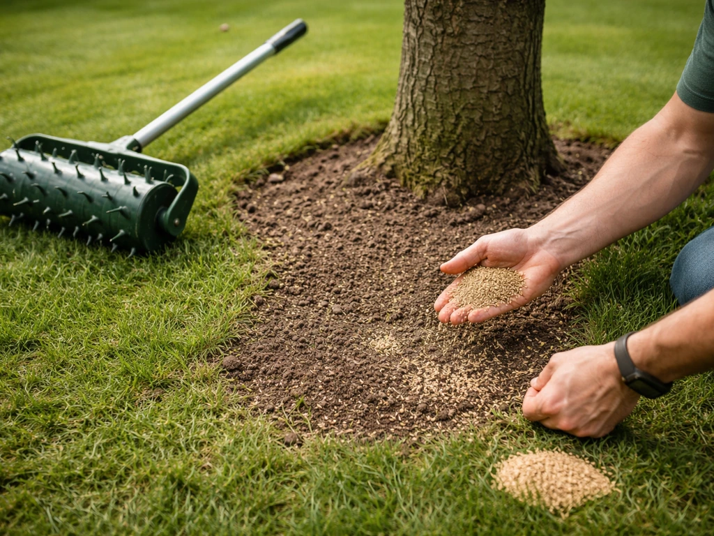 Tuinier maakt gaten in het gazon onder een boom met beluchtingsprikroller en zaait kale plekken opnieuw in.