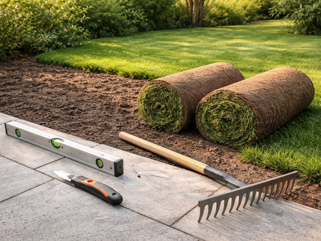 Waterpas, rolsnijder/mes, hark en rollen gras op rol klaar in een rustige tuinomgeving.