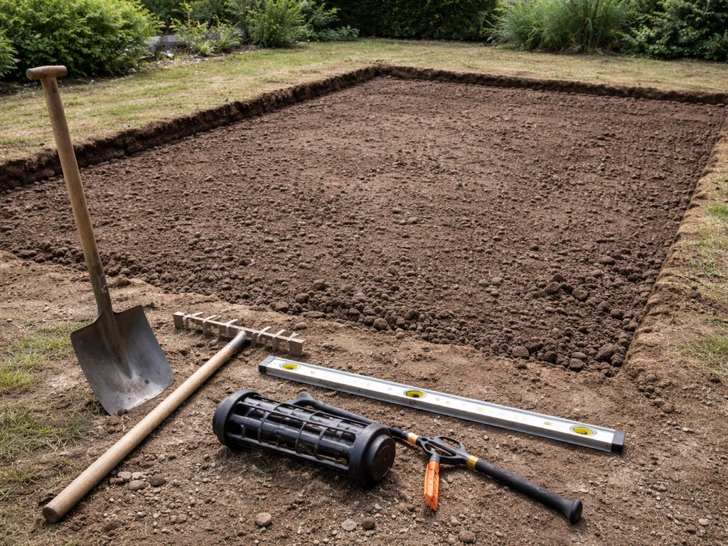 Voorbereide tuin met afgraven grond, schop, hark en lange waterpas klaar voor grasrollen