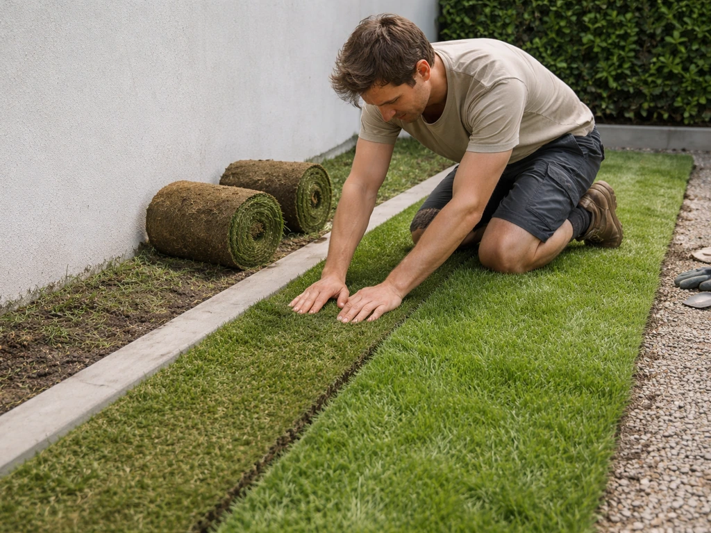 Iemand rolt gras op rol uit en drukt de zoden strak langs een rechte tuinrand naast elkaar