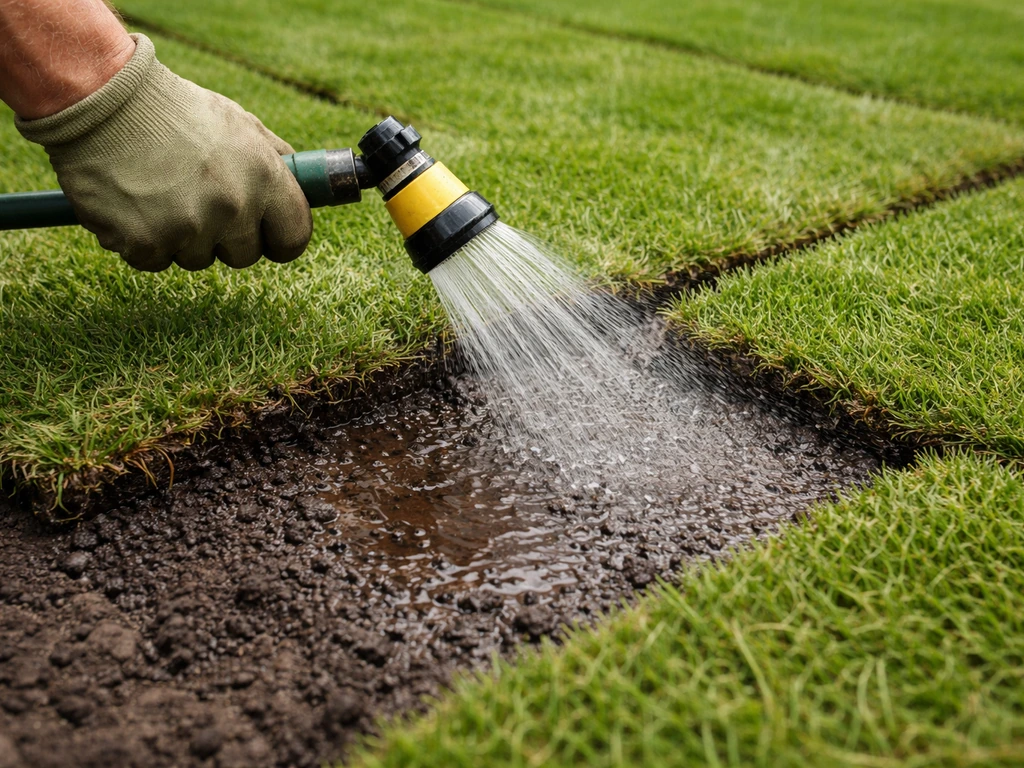 Vers gelegde graszoden worden direct na het leggen besproeid; doornatte grond zichtbaar bij de randen.
