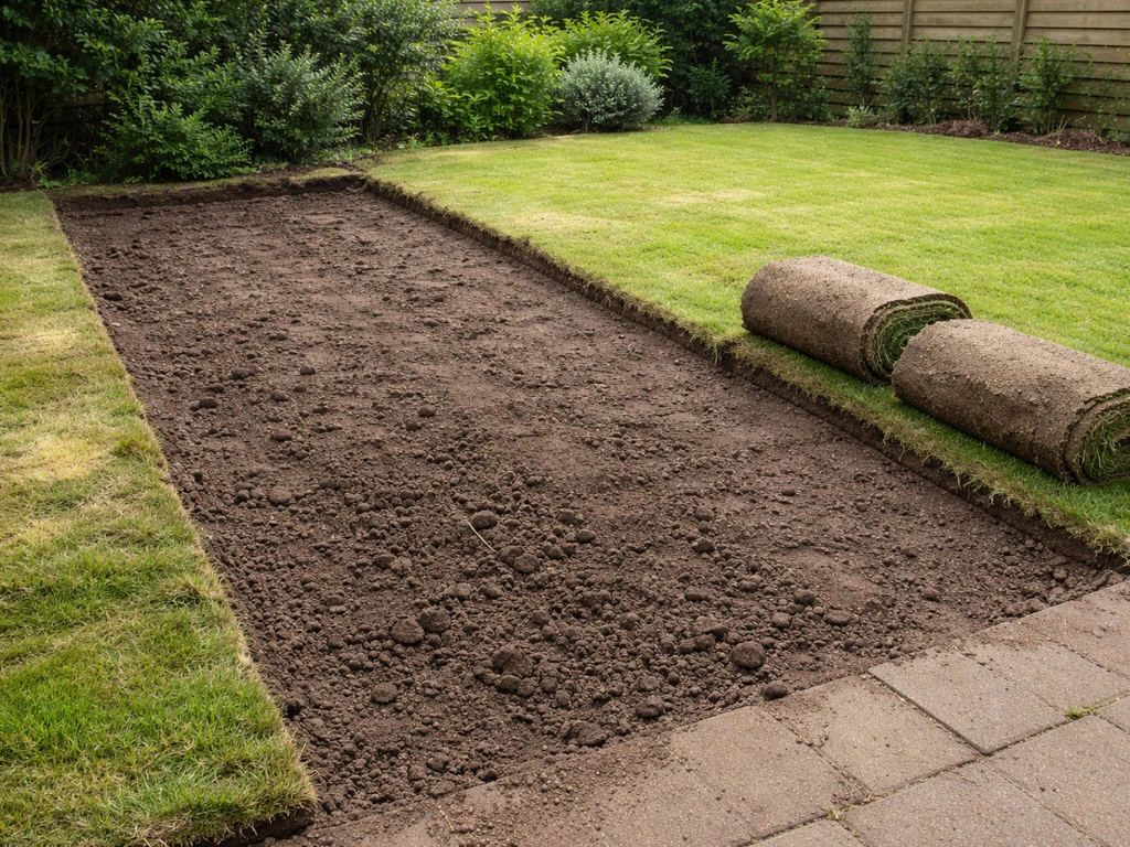 Tuin waar gras weghalen net is gestart: afgegraven strook met blootliggende bodem naast nog aanwezige grasmat.