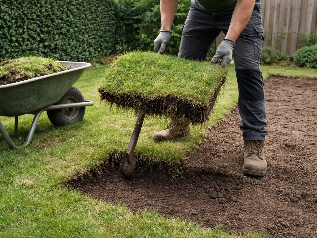 Anonieme tuinier haalt een graszode weg in een Nederlandse tuin, met omgewerkte grond op de achtergrond.