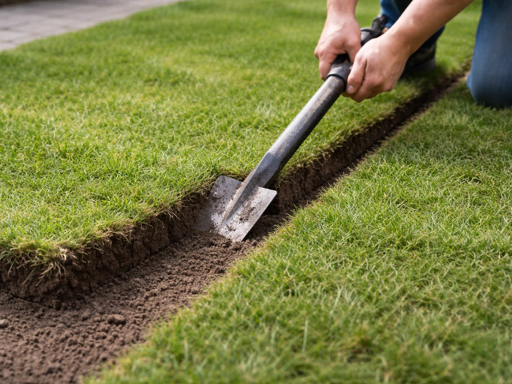 Hand met sodensteker maakt een strook zode los in een tuin, met schone grondrand en opgetilde graszoden