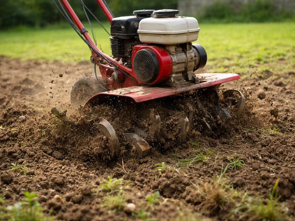 Grondfrees maakt de bovenlaag los in een tuin, met grasresten en aarde die omhoog komen