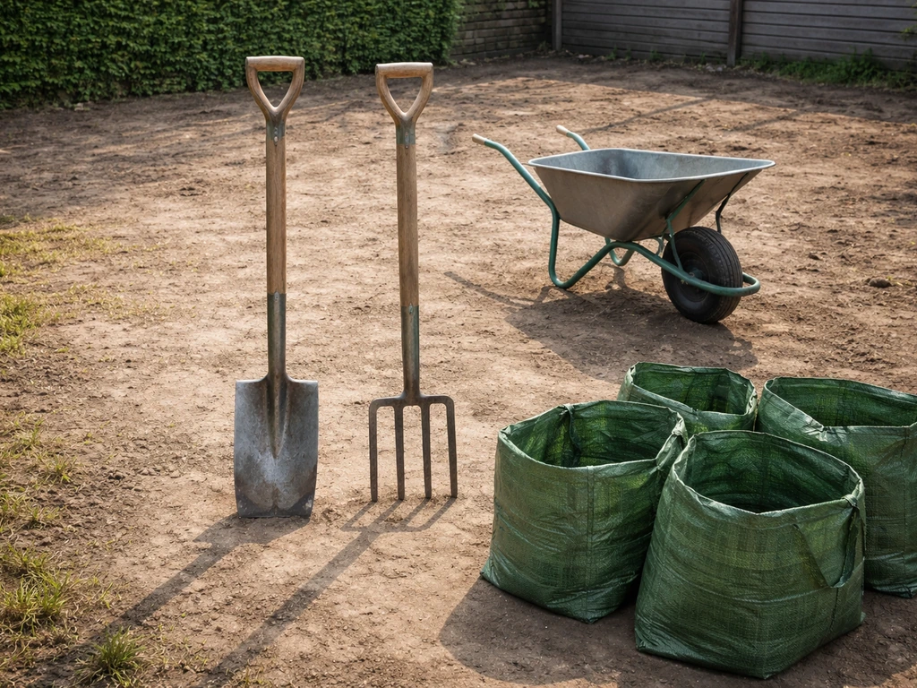 Tuinspade/sodensteker, spitvork, kruiwagen en tuinzakken op een schone oprit voor het verwijderen van graszoden.