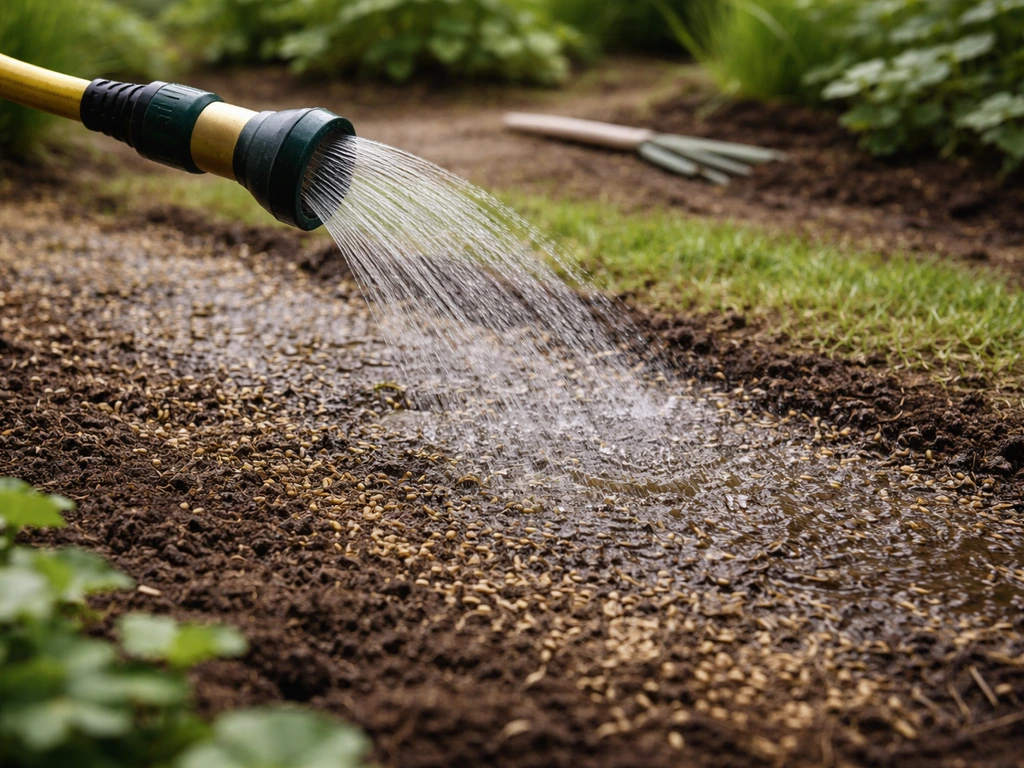 Sproeier op pas ingezaaid graszaad, natte bodem en verse turf in een rustige tuinomgeving