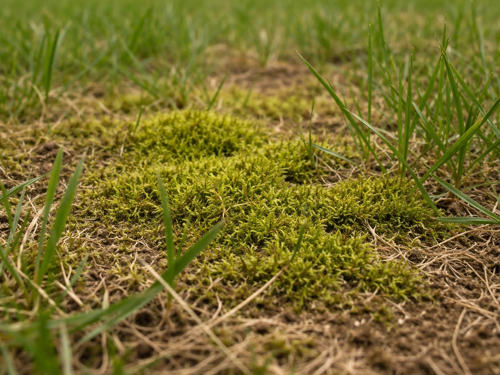 Close-up van mos tussen het gras in een Nederlands gazon op een verdichte plek.