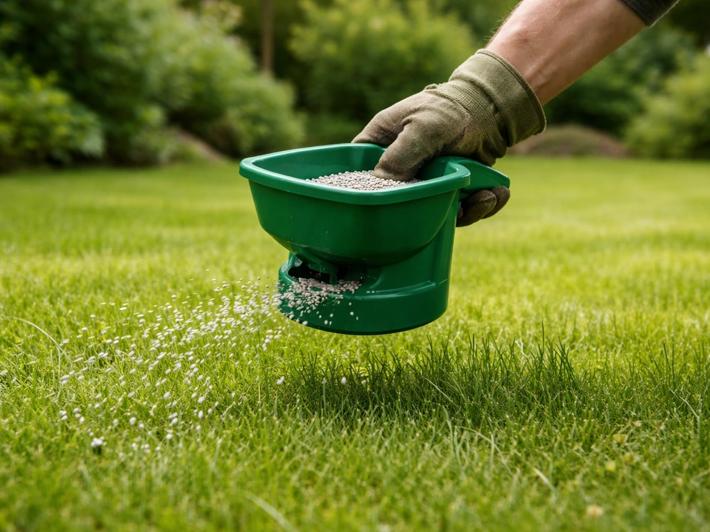 Tuinier met bemestingsstrooier die mestkorrels uitstrooit op een Nederlands gazon