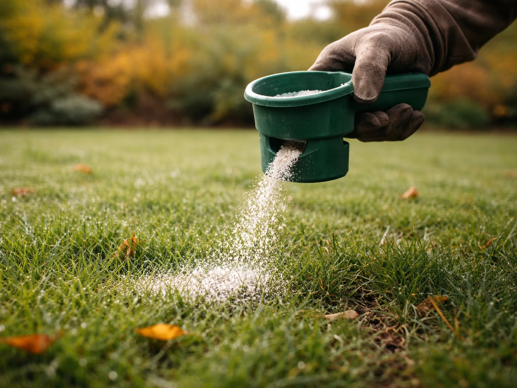 Hand strooit kalk over een groen gazon met vochtige grond in september/oktober, met dauw op het gras.