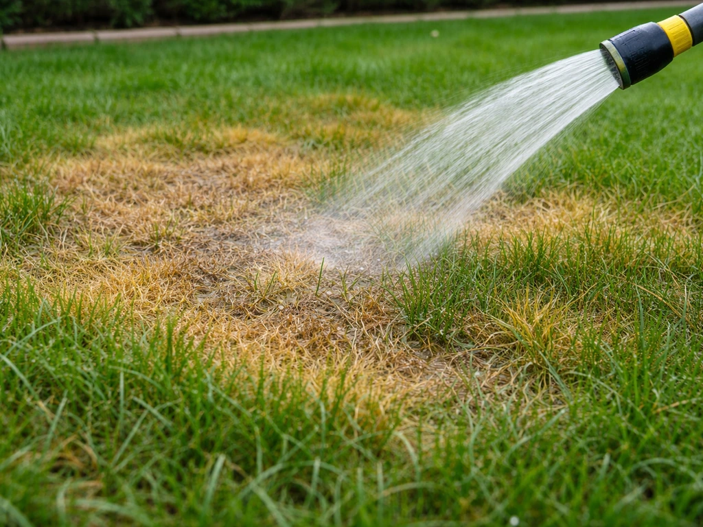 Gele en bruine plekken in een gazon vlak na mest, met een tuinslang die water geeft tegen verbranding.