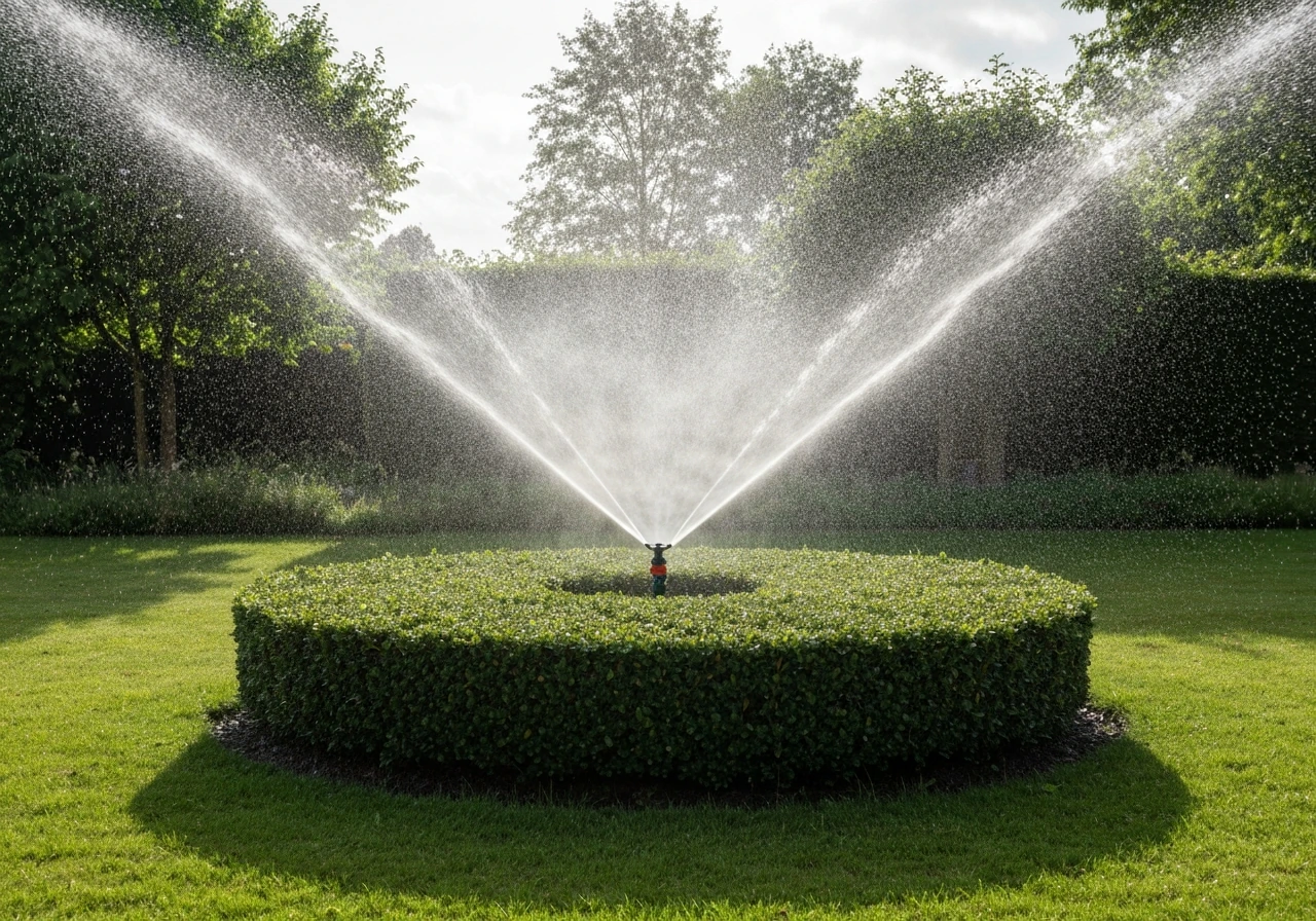 Vroege ochtend: een sprinkler besproeit een groen gazon, waterdruppels raken de grassprieten