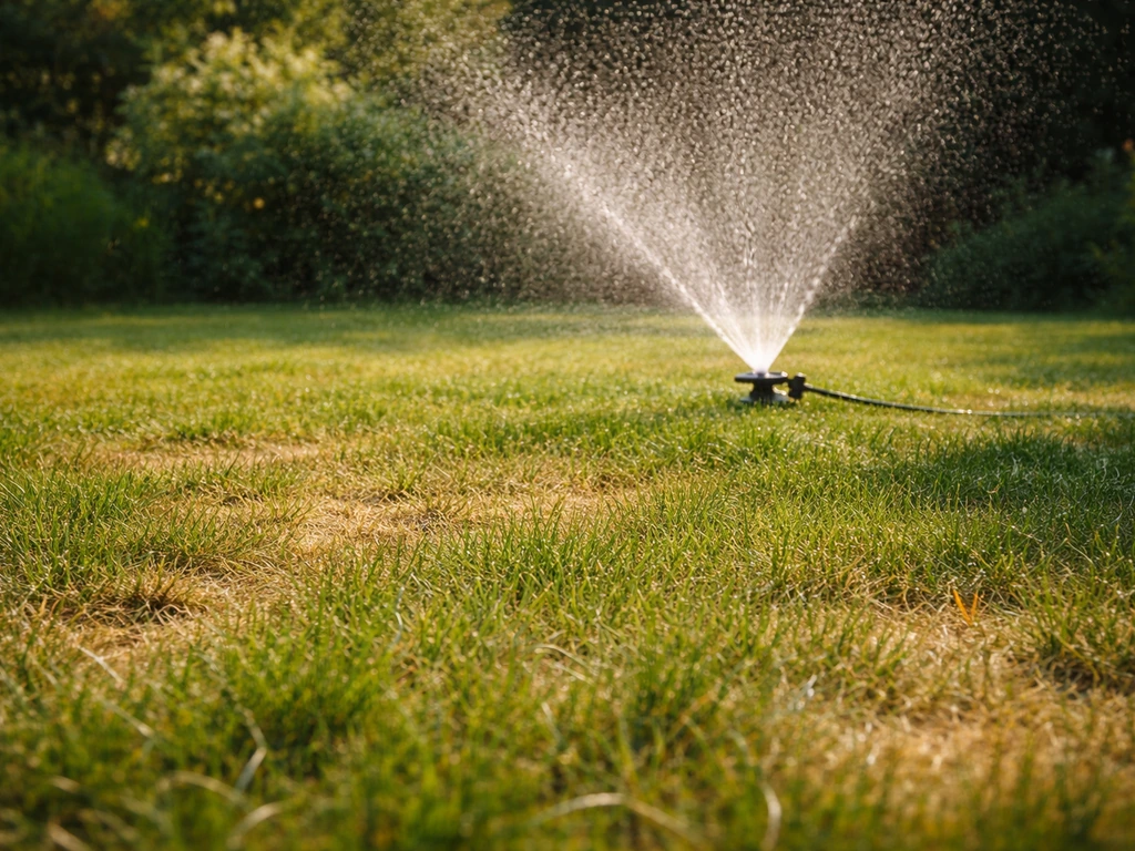 Warm zomers gazon met zichtbare droge plekken die opknappen na een beregeningsmoment