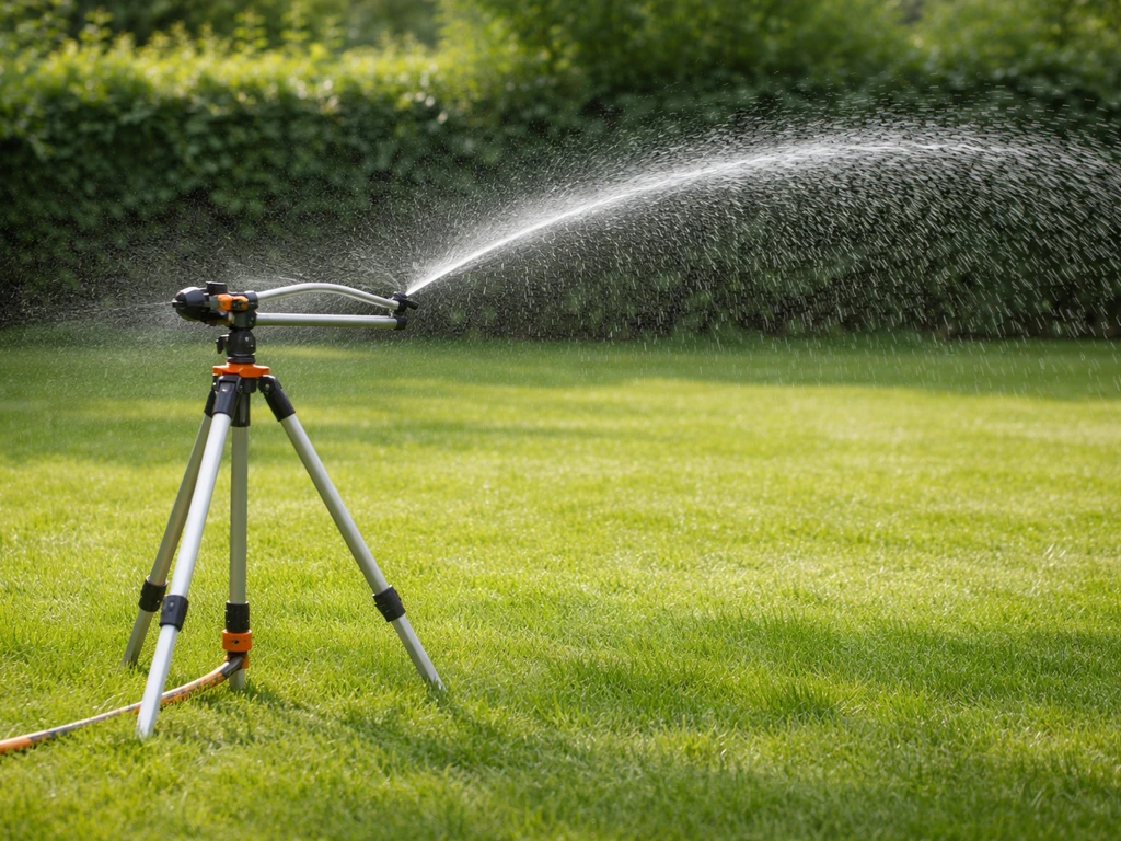Oscillerende gazonsproeier op statief die het gras gelijkmatig besproeit in een tuin