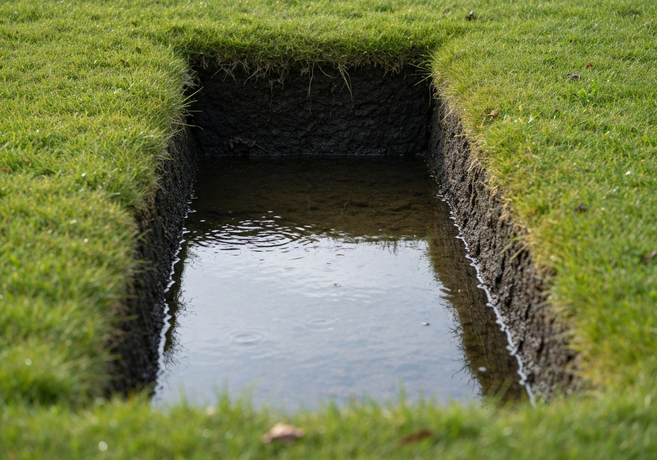 Close-up van drassige tuinbodem met stilstaand water naast een drogere strook aarde.
