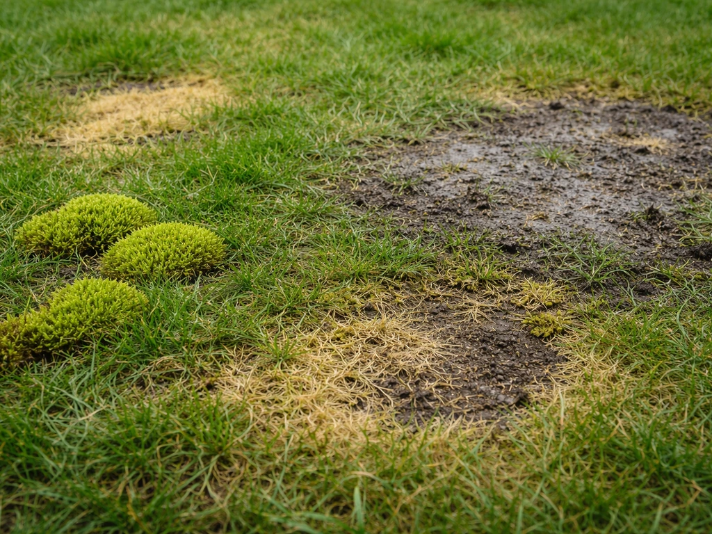 Close-up van een gazon met mosplukken, gele kale plekken en een viltige schimmelzone, scherp en duidelijk.