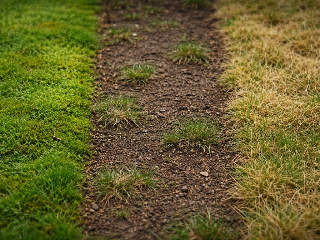 Bovenaanzicht van drie grasstroken met mos, kale plekken en gele/bruinige plekken in een tuin