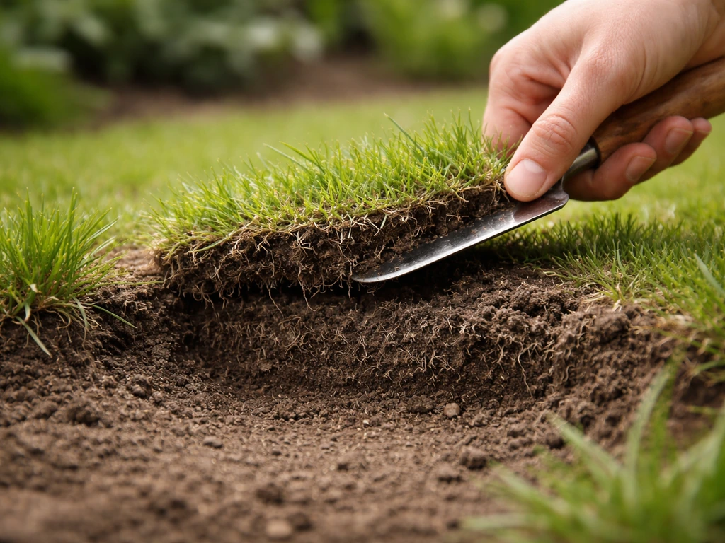 Hand licht met schepje een stukje gras en aarde op voor tuindiagnose in de tuin.