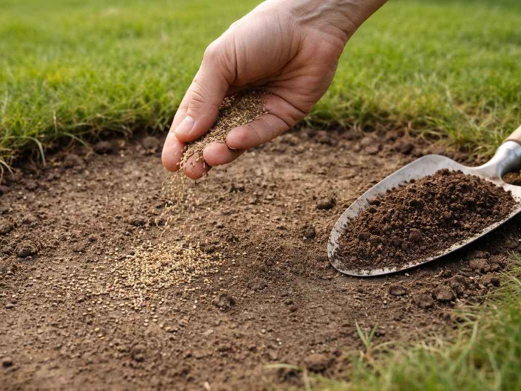 Hand strooit doorzaaizaden op een kale, verdichte plek in het gazon, met lichte topdressing klaar.